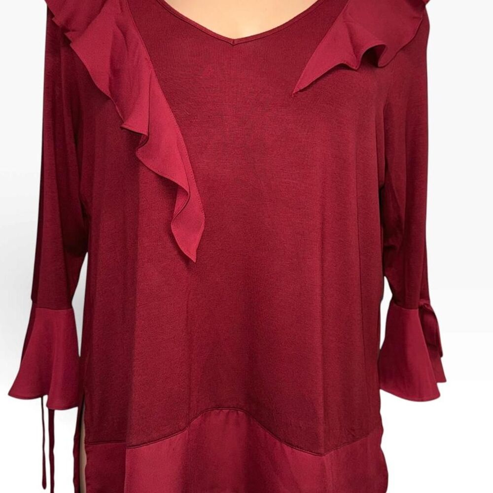 Massini Women’s XL Burgundy Ruffle Tunic Blouse Bell Tie Sleeves